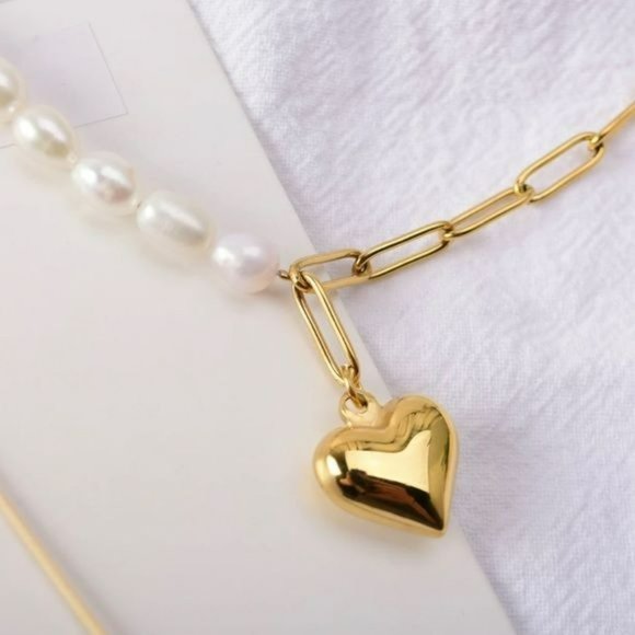 Gold Plated Cultured Baroque Pearl Chain Link Heart Pendant Choker Necklace - Picture 7 of 10